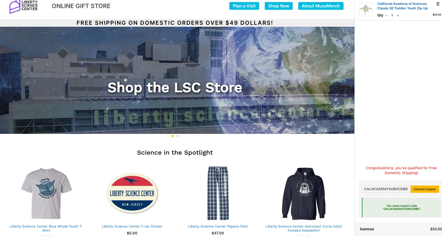 Liberty Science Center promo code screenshot showing code CALACADEMYSUBSCRIBE applied at Liberty Science Center checkout page. Uploaded by SimplyCodes community member Dejadepicharme on May 27, 2026