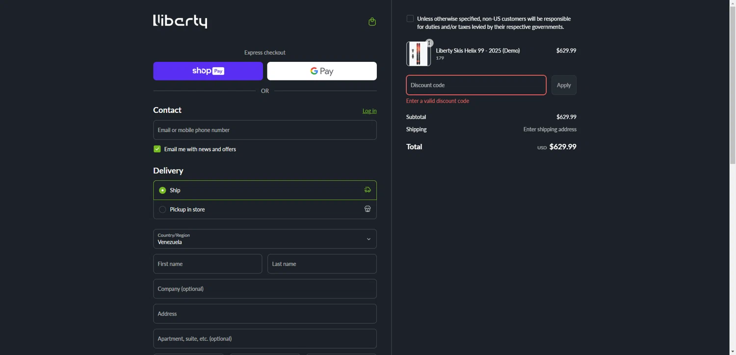 Liberty Skis promo code screenshot showing code LIBLUVU applied at Liberty Skis checkout page. Uploaded by SimplyCodes community member SilverChaser3269 on May 11, 2025