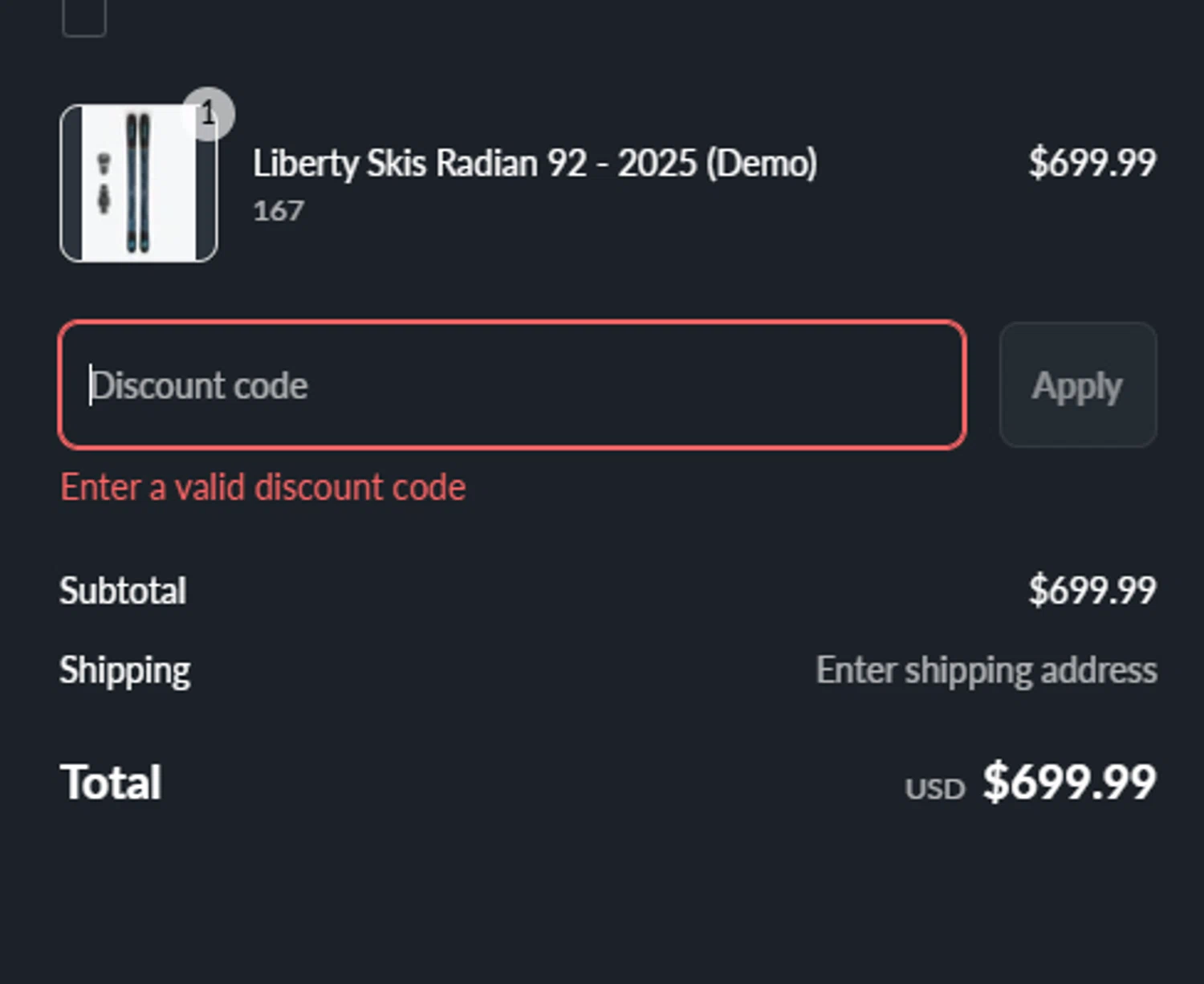 Liberty Skis promo code screenshot showing code LIBLUVU applied at Liberty Skis checkout page. Uploaded by SimplyCodes community member RebateFalcon3172 on May 11, 2025