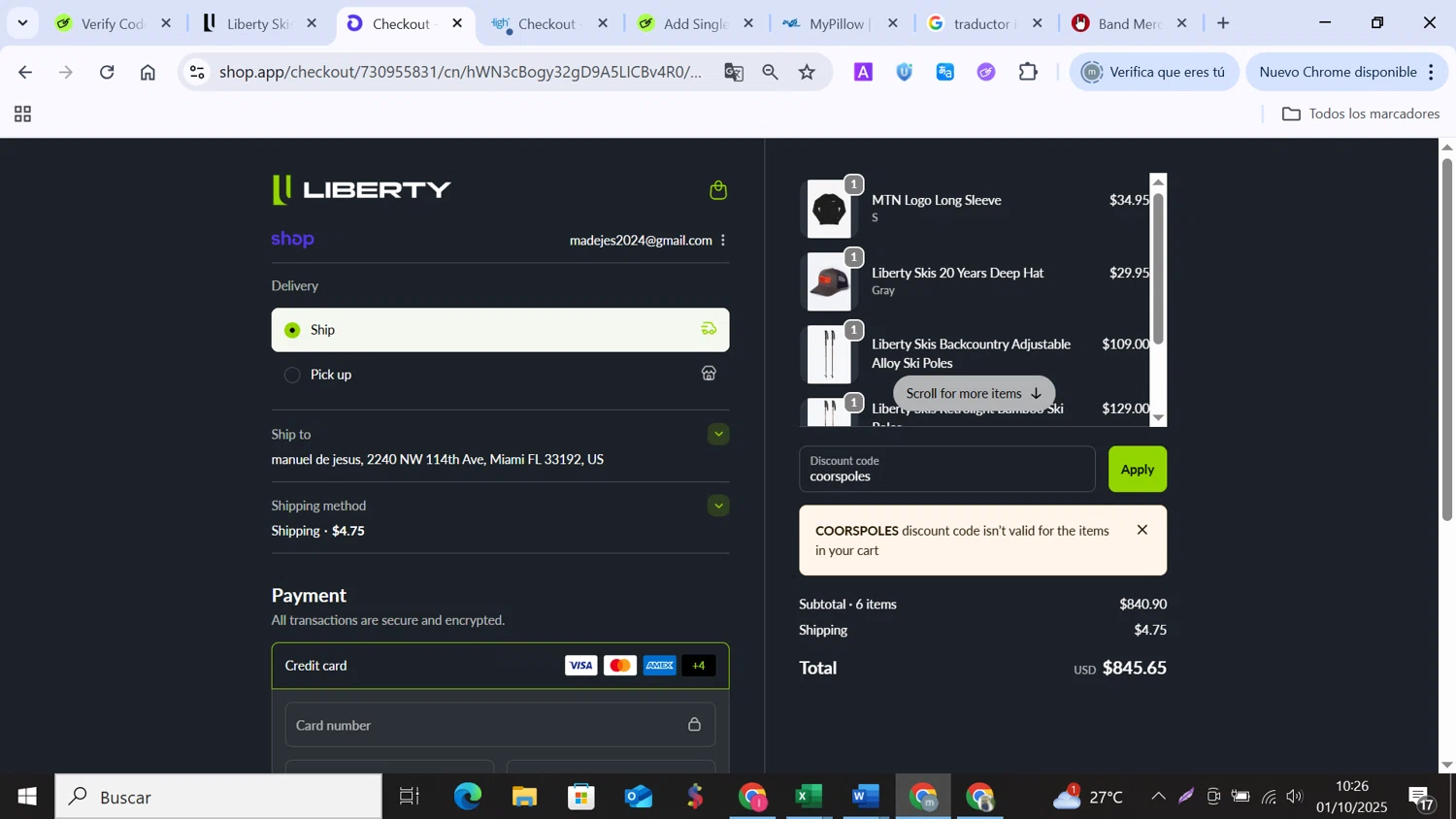 Liberty Skis promo code screenshot showing code coorspoles applied at Liberty Skis checkout page. Uploaded by SimplyCodes community member MANUELURBINA on Oct 1, 2025