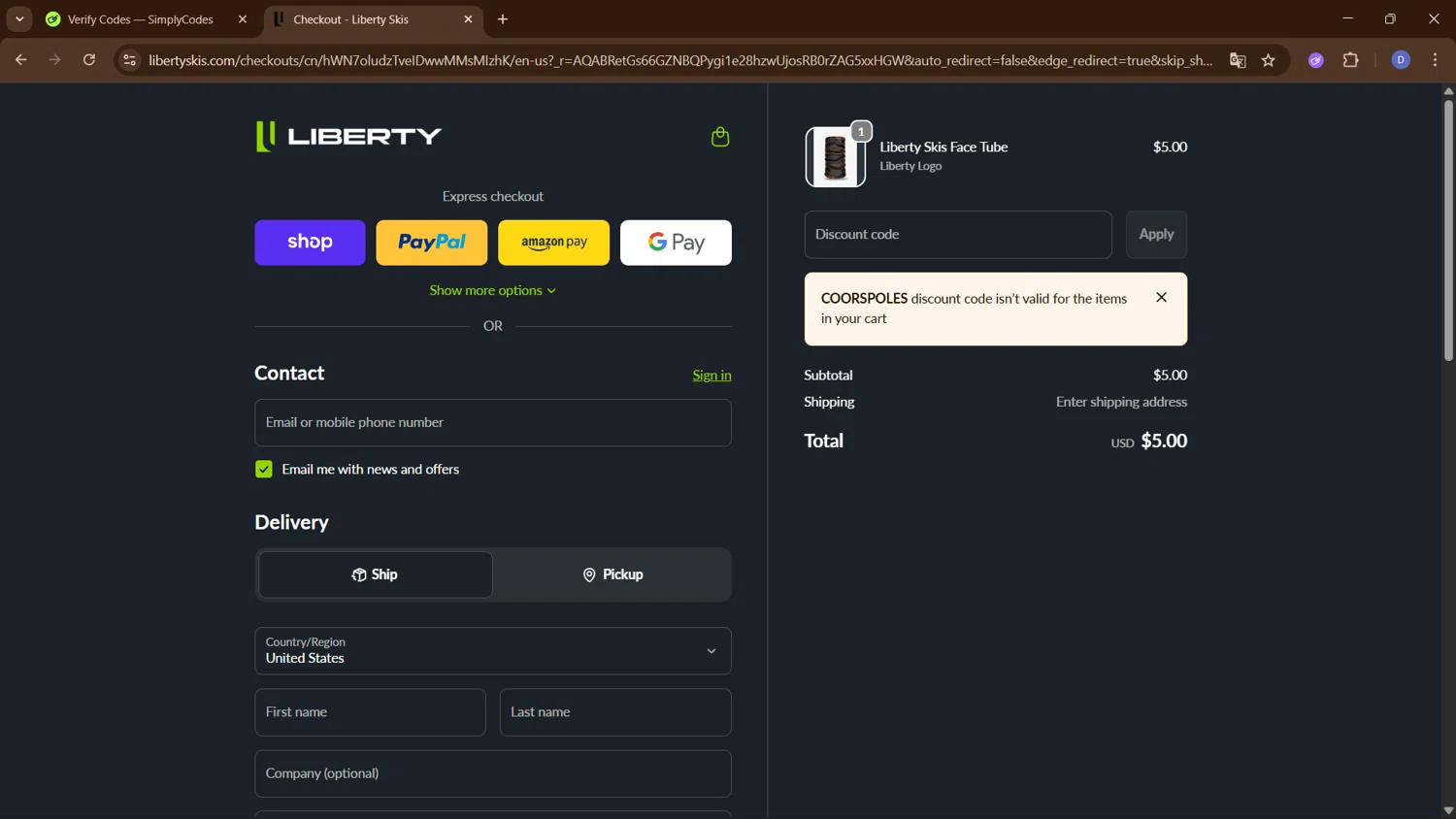 Liberty Skis checkout page showing Liberty Skis promo code box | Screenshot taken by SimplyCodes community member on Jan 20, 2026
