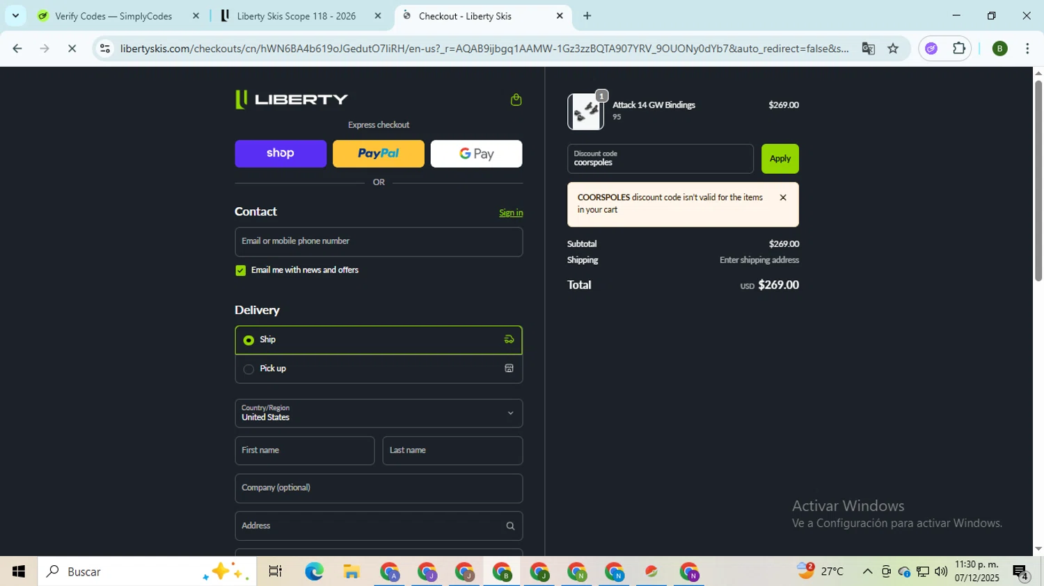 Liberty Skis promo code screenshot showing code coorspoles applied at Liberty Skis checkout page. Uploaded by SimplyCodes community member SaleVirtuoso5993 on Dec 8, 2025