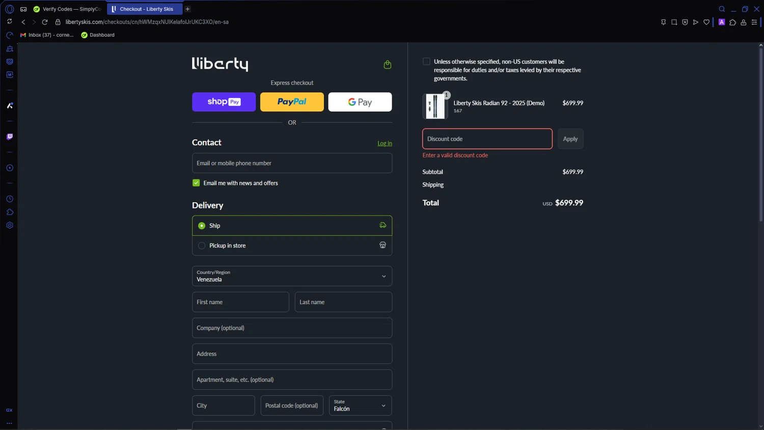 Liberty Skis promo code screenshot showing code LIBLUVSDADS applied at Liberty Skis checkout page. Uploaded by SimplyCodes community member VictoriousCaptain3902 on Jun 24, 2025