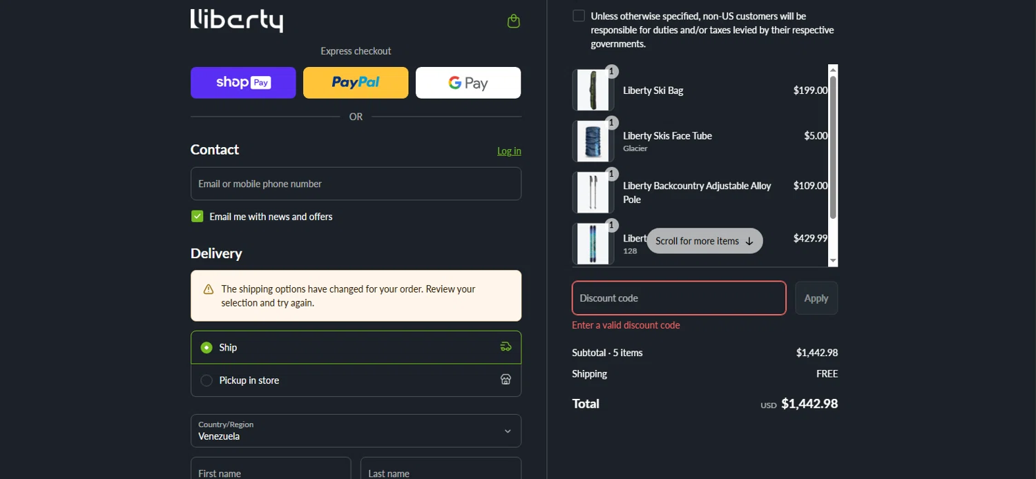 Liberty Skis promo code screenshot showing code LIBLUVSDADS applied at Liberty Skis checkout page. Uploaded by SimplyCodes community member eliannyjimenez on Jun 24, 2025
