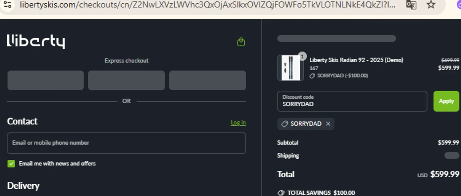 Liberty Skis promo code screenshot showing code SORRYDAD applied at Liberty Skis checkout page. Uploaded by SimplyCodes community member RewardFinder4836 on Jun 18, 2025
