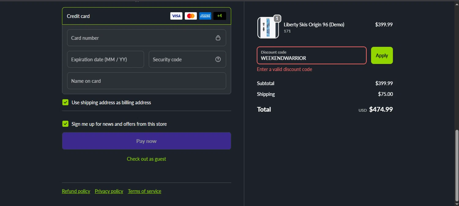 Liberty Skis promo code screenshot showing code WEEKENDWARRIOR applied at Liberty Skis checkout page. Uploaded by SimplyCodes community member noworries on Sep 23, 2025