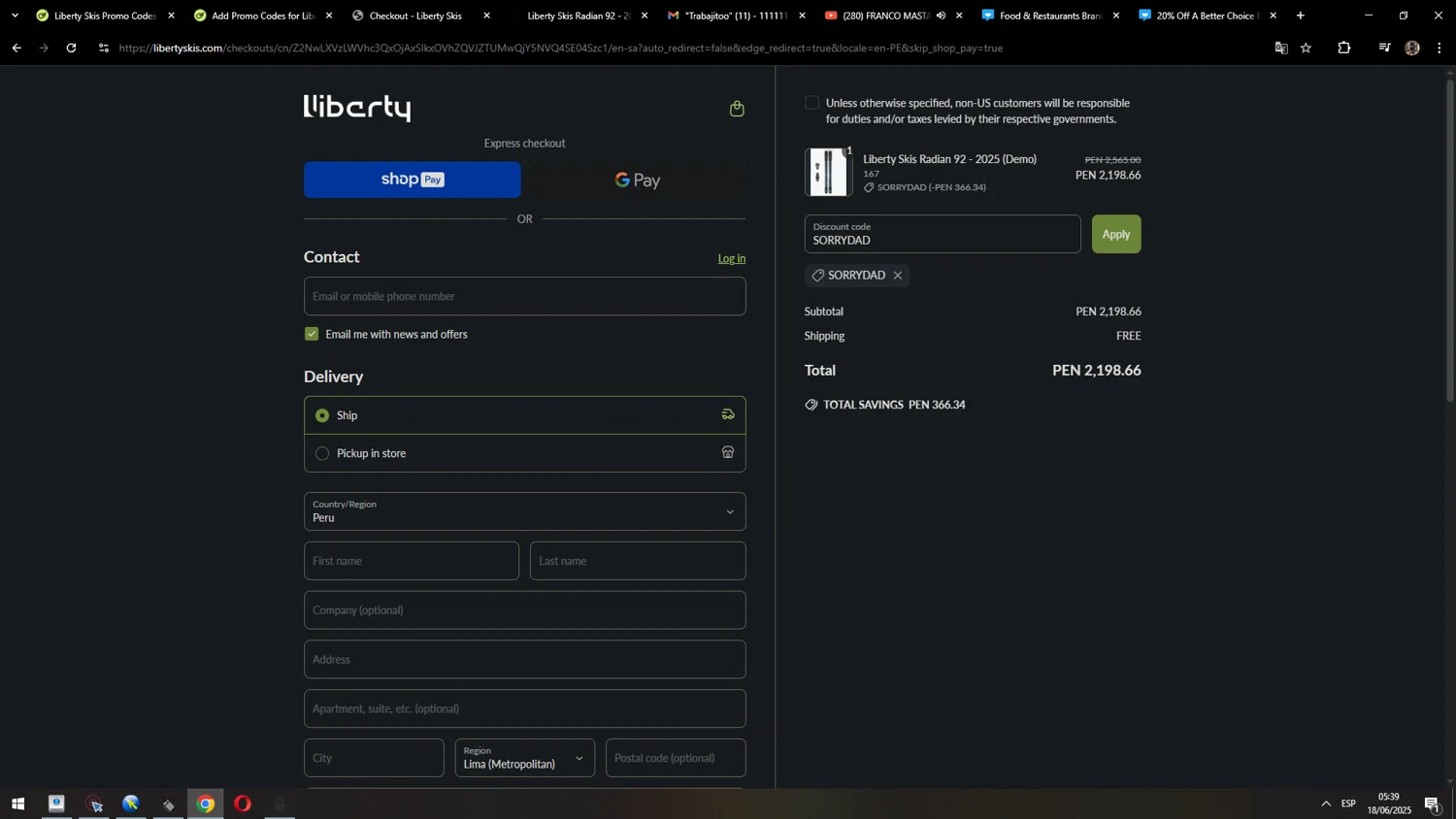 Liberty Skis promo code screenshot showing code SORRYDAD applied at Liberty Skis checkout page. Uploaded by SimplyCodes community member MarcosAranguren on Jun 18, 2025