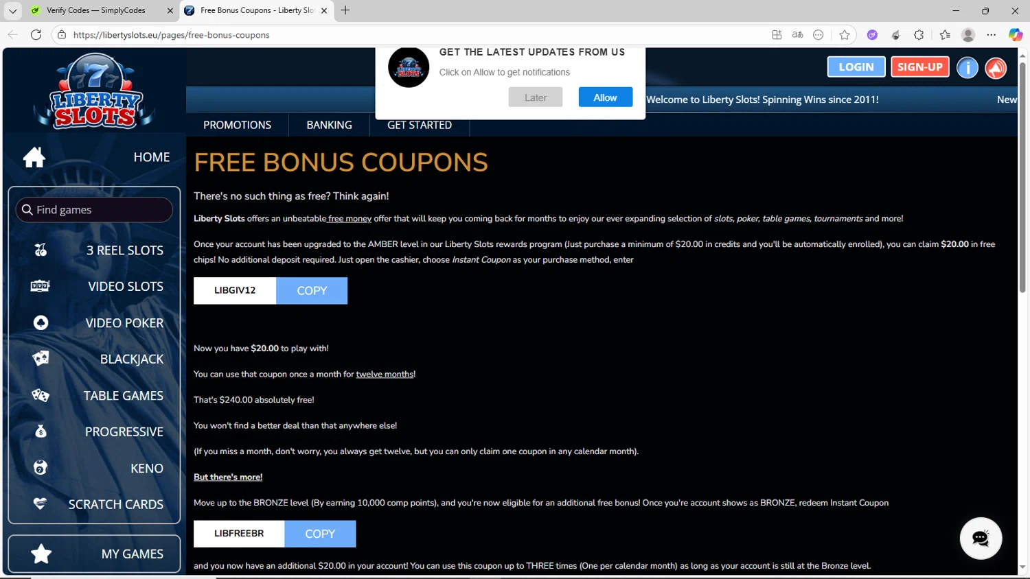 Liberty Slots promo code screenshot showing code LIBGIV12 applied at Liberty Slots checkout page. Uploaded by SimplyCodes community member CrownShopper2899 on Aug 18, 2025