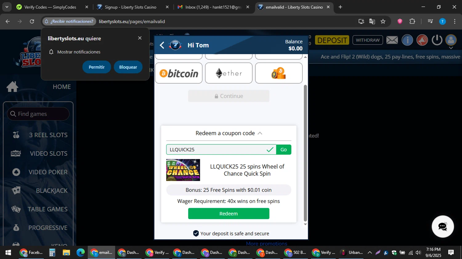 Liberty Slots promo code screenshot showing code LLQUICK25 applied at Liberty Slots checkout page. Uploaded by SimplyCodes community member hankt1521 on Sep 6, 2025