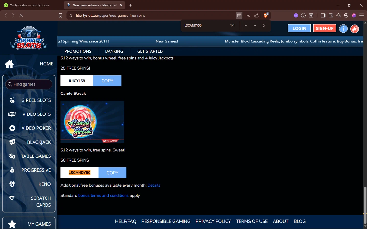 Liberty Slots promo code screenshot showing code LSCANDY50 applied at Liberty Slots checkout page. Uploaded by SimplyCodes community member ELMORADO on Oct 21, 2025