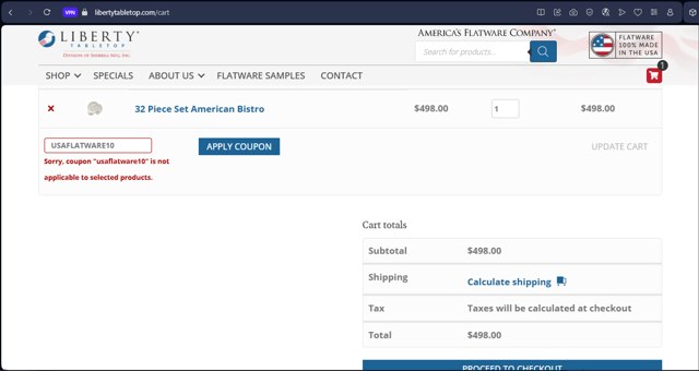 Liberty Tabletop checkout page showing Liberty Tabletop promo code box | Screenshot taken by SimplyCodes community member on Aug 16, 2025