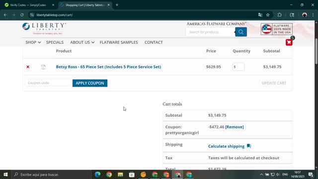 Liberty Tabletop checkout page showing Liberty Tabletop promo code box | Screenshot taken by SimplyCodes community member on Aug 14, 2025