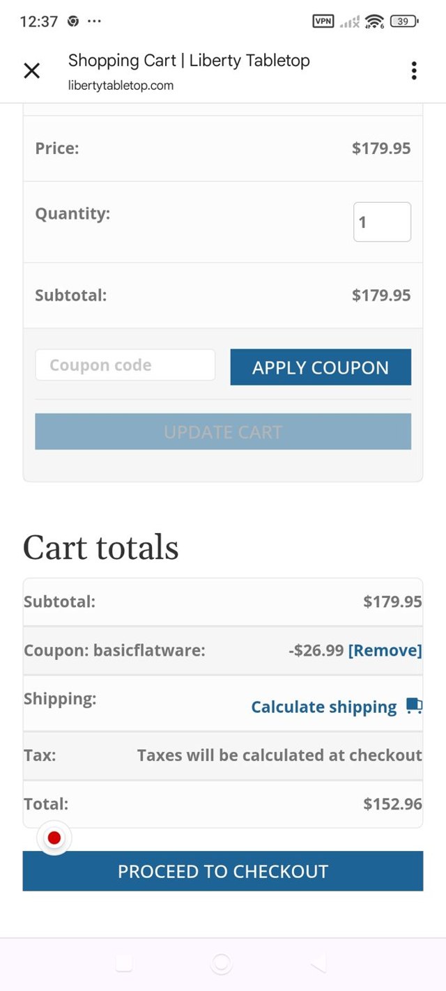 Liberty Tabletop checkout page showing Liberty Tabletop promo code box | Screenshot taken by SimplyCodes community member on Aug 16, 2025