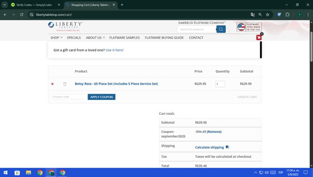 Liberty Tabletop checkout page showing Liberty Tabletop promo code box | Screenshot taken by SimplyCodes community member on Sep 5, 2025