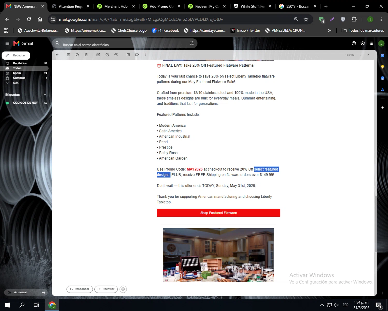 Liberty Tabletop promo code screenshot showing code MAY2026 applied at Liberty Tabletop checkout page. Uploaded by SimplyCodes community member Codehunter on May 31, 2026