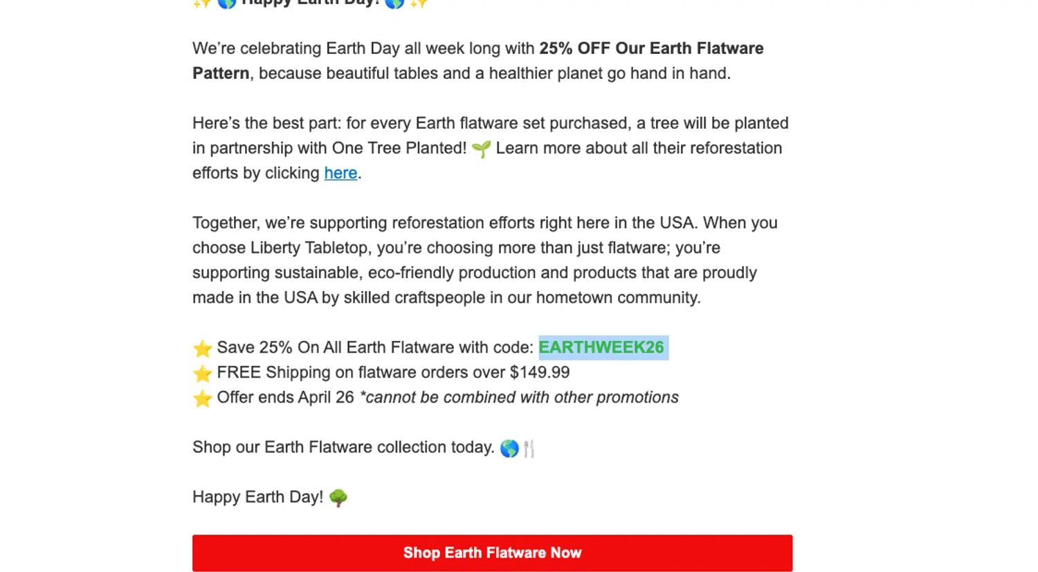 Liberty Tabletop promo code screenshot showing code EARTHWEEK26 applied at Liberty Tabletop checkout page. Uploaded by SimplyCodes community member ELOIN777 on Apr 22, 2026