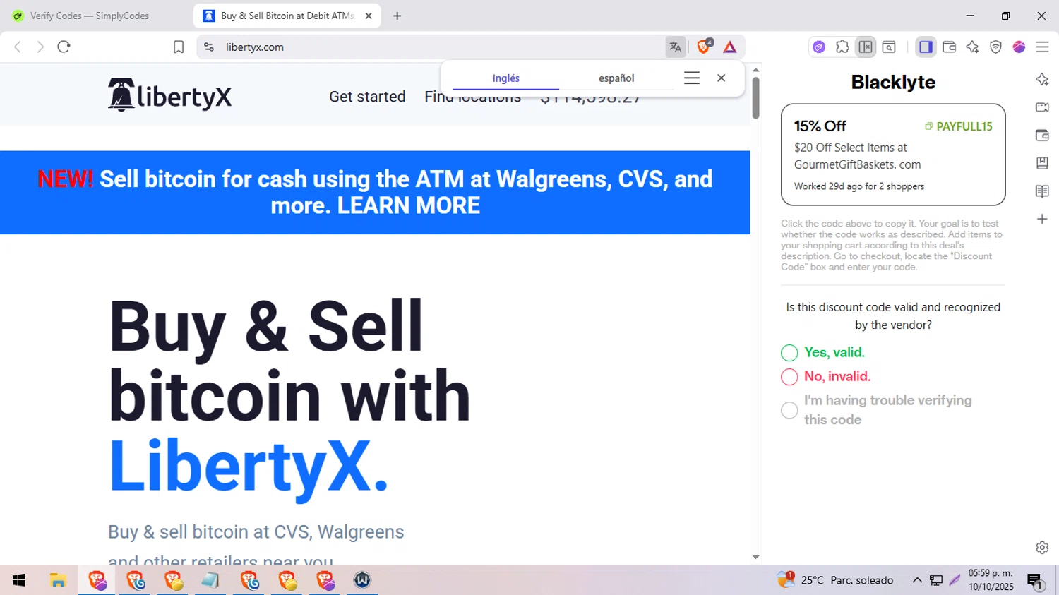 LibertyX promo code screenshot showing code 25OFF applied at LibertyX checkout page. Uploaded by SimplyCodes community member BargainExpert9390 on Oct 10, 2025