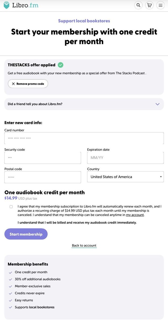 Libro.fm checkout page showing Libro.fm promo code box | Screenshot taken by SimplyCodes community member on May 29, 2025