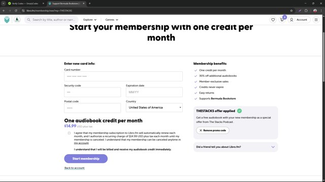 Libro.fm checkout page showing Libro.fm promo code box | Screenshot taken by SimplyCodes community member on Apr 28, 2025