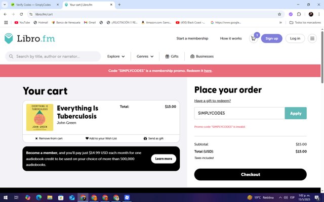 Libro.fm checkout page showing Libro.fm promo code box | Screenshot taken by SimplyCodes community member on May 15, 2025
