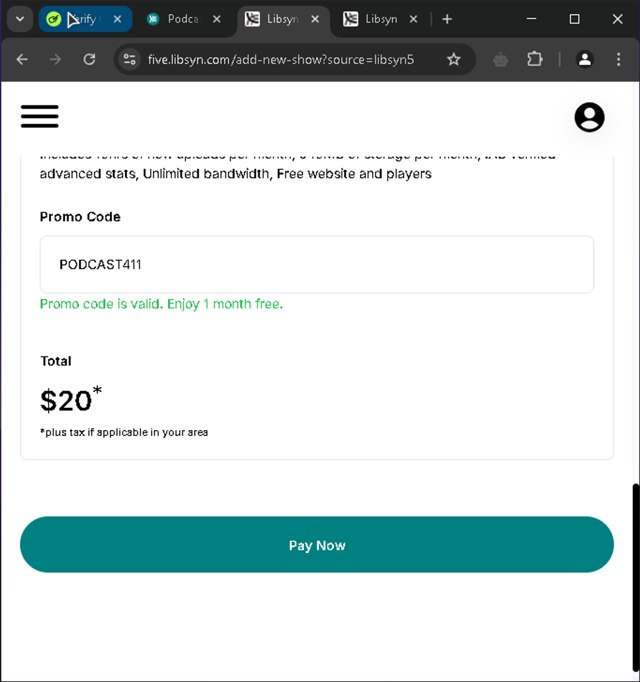 Libsyn checkout page showing Libsyn promo code box | Screenshot taken by SimplyCodes community member on Mar 20, 2025