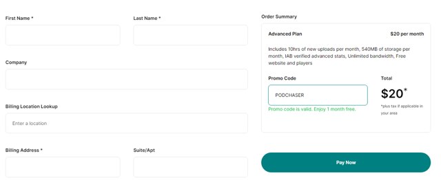 Libsyn checkout page showing Libsyn promo code box | Screenshot taken by SimplyCodes community member on May 6, 2024