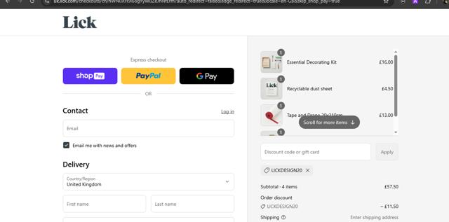 Lick UK checkout page showing Lick UK promo code box | Screenshot taken by SimplyCodes community member on Jul 12, 2025
