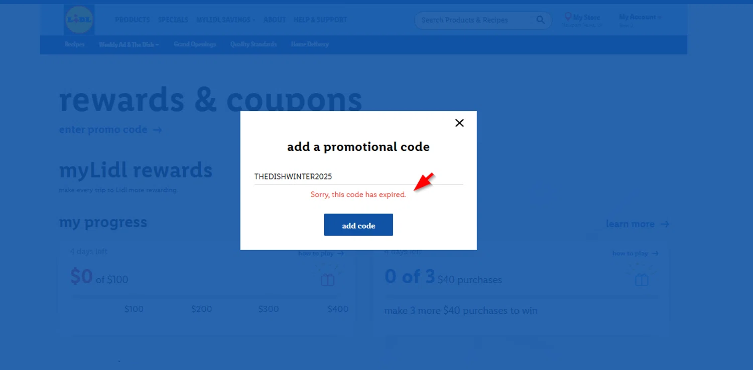 Lidl US promo code screenshot showing code THEDISHWINTER2025 applied at Lidl US checkout page. Uploaded by SimplyCodes community member SimplyCVerlie on Jan 28, 2025