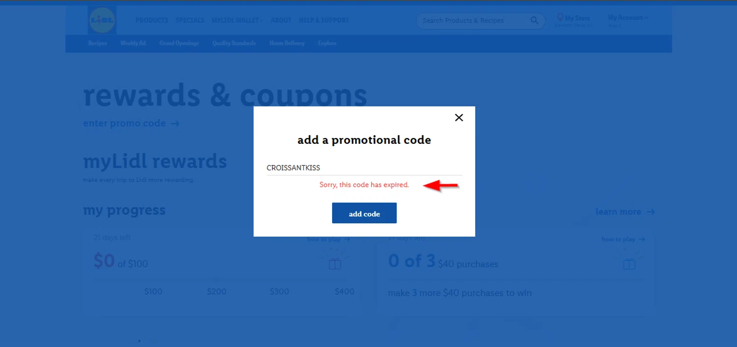 Lidl US promo code screenshot showing code CROISSANTKISS applied at Lidl US checkout page. Uploaded by SimplyCodes community member SimplyCVerlie on Mar 11, 2025