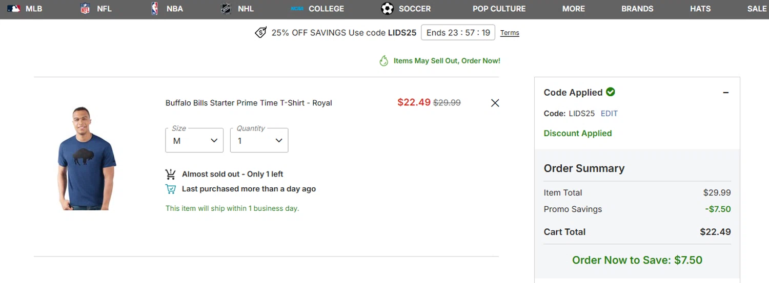 Lids checkout page showing Lids coupon code box | Screenshot taken by SimplyCodes community member on Jan 17, 2026