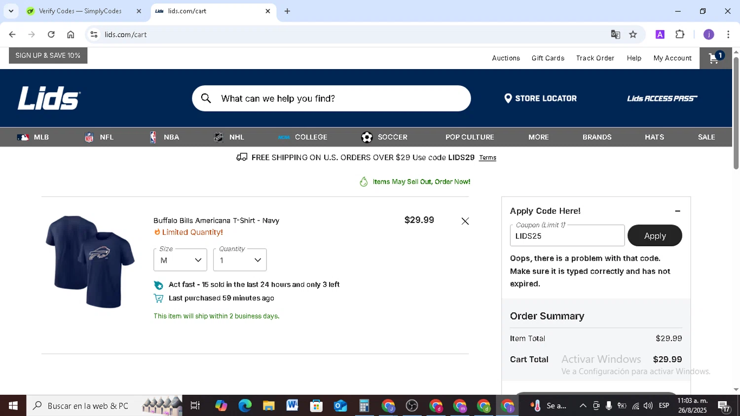 Lids coupon code screenshot showing code LIDS25 applied at Lids checkout page. Uploaded by SimplyCodes community member TAZ2024 on Aug 26, 2025