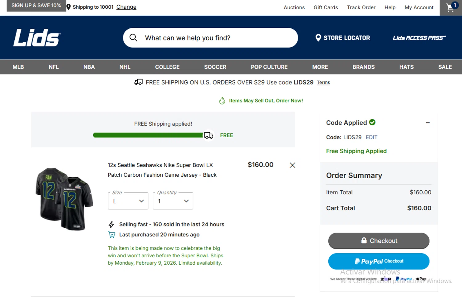 Lids checkout page showing Lids coupon code box | Screenshot taken by SimplyCodes community member on Feb 1, 2026