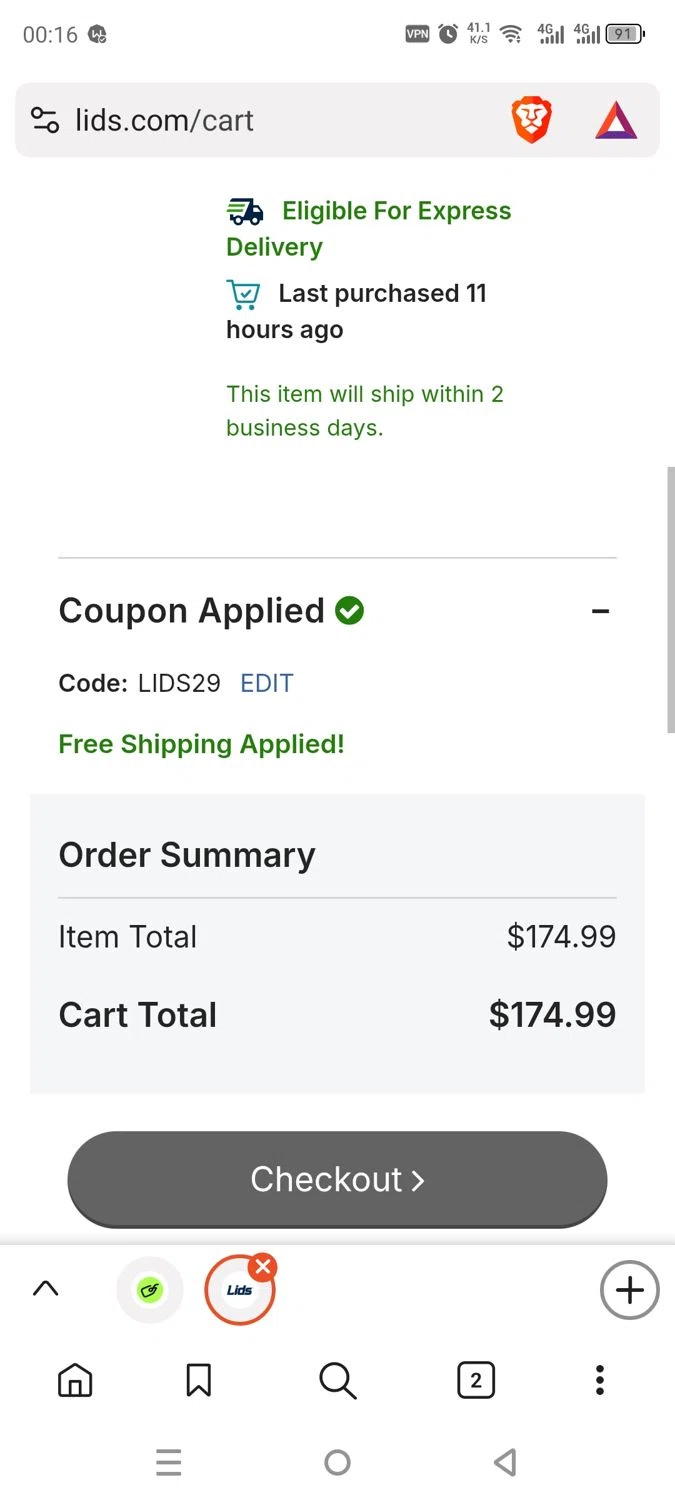 Lids coupon code screenshot showing code LIDS29 applied at Lids checkout page. Uploaded by SimplyCodes community member dayselis15 on Aug 11, 2025