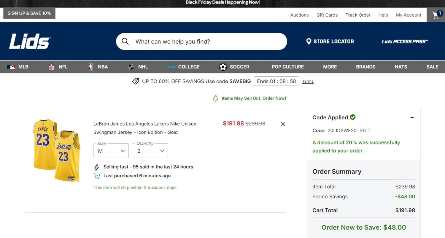 Lids coupon code screenshot showing code 20LIDSWE20 applied at Lids checkout page. Uploaded by SimplyCodes community member Gonzalez010203 on Nov 28, 2025