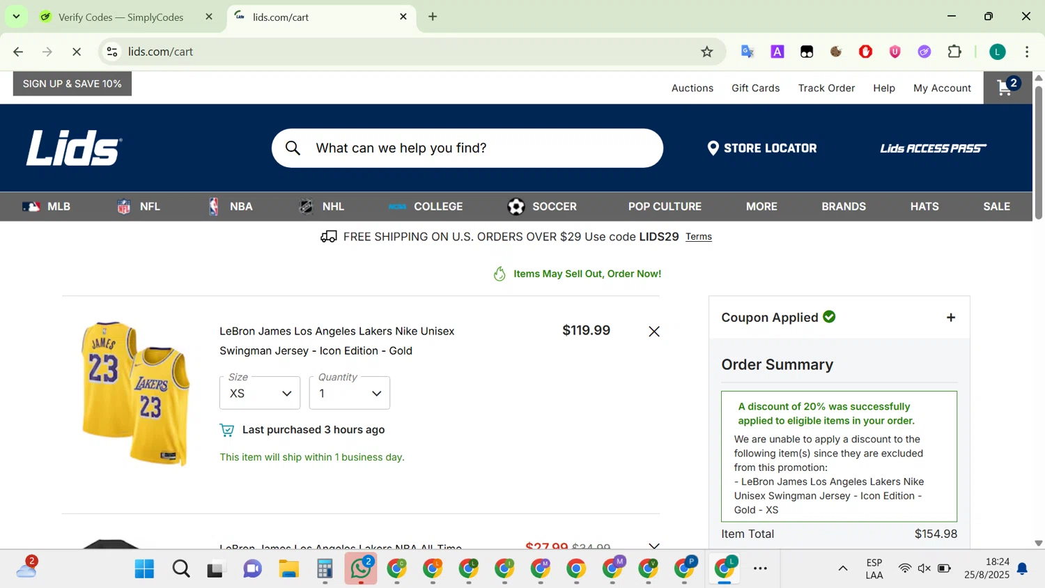 Lids coupon code screenshot showing code 20LIDSWE20 applied at Lids checkout page. Uploaded by SimplyCodes community member VictoriousTiger2507 on Aug 25, 2025