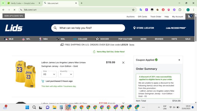 Lids checkout page showing Lids coupon code box | Screenshot taken by SimplyCodes community member on Aug 25, 2025