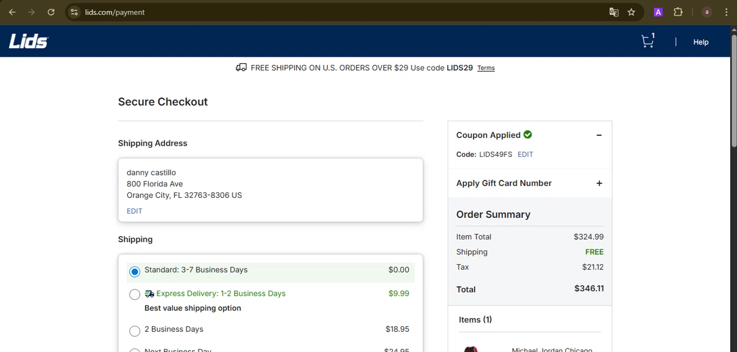 Lids coupon code screenshot showing code LIDS49FS applied at Lids checkout page. Uploaded by SimplyCodes community member GoldCurator1773 on Aug 19, 2025