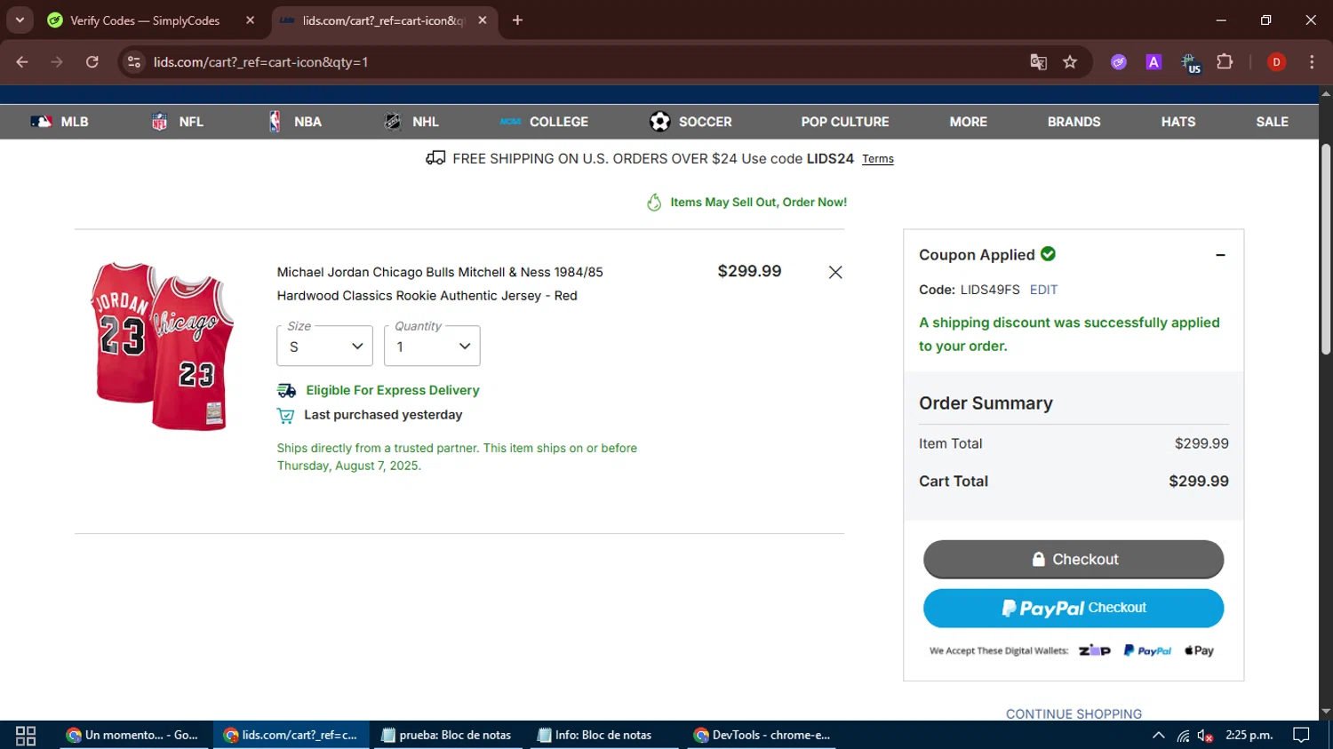 Lids coupon code screenshot showing code LIDS49FS applied at Lids checkout page. Uploaded by SimplyCodes community member PeachPrincesa on Aug 6, 2025