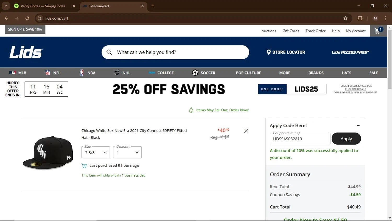 Lids coupon code screenshot showing code LIDSSAS052819 applied at Lids checkout page. Uploaded by SimplyCodes community member Carrillojose on Feb 14, 2025