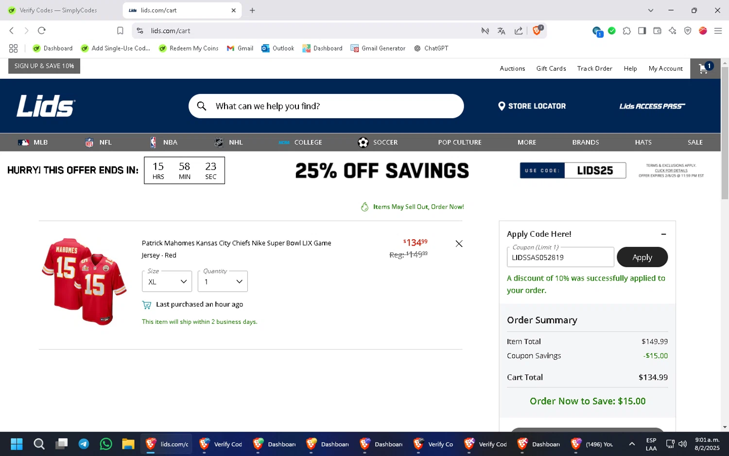 Lids coupon code screenshot showing code LIDSSAS052819 applied at Lids checkout page. Uploaded by SimplyCodes community member Wukong on Feb 8, 2025