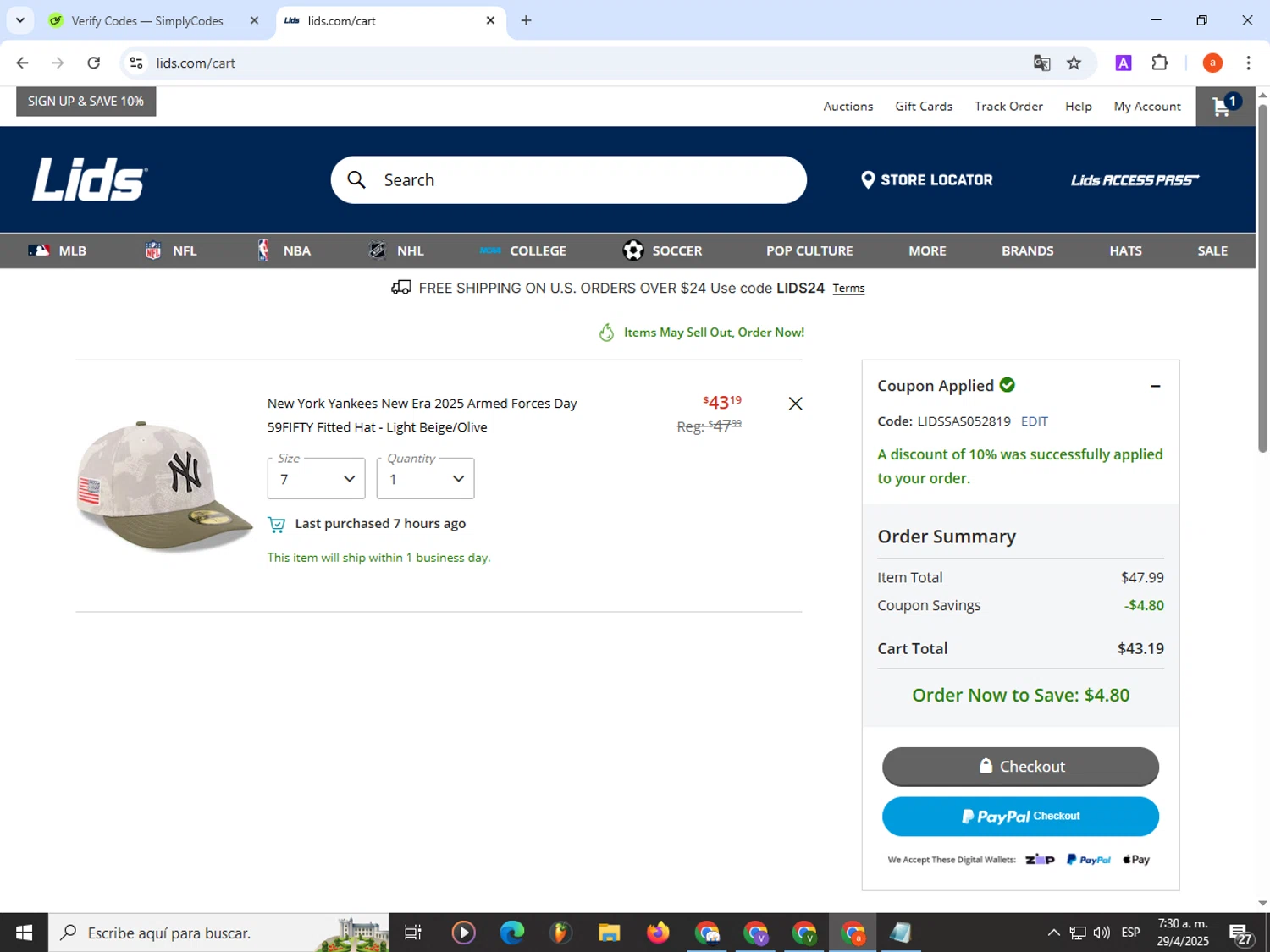 Lids coupon code screenshot showing code LIDSSAS052819 applied at Lids checkout page. Uploaded by SimplyCodes community member partenalgas on Apr 29, 2025