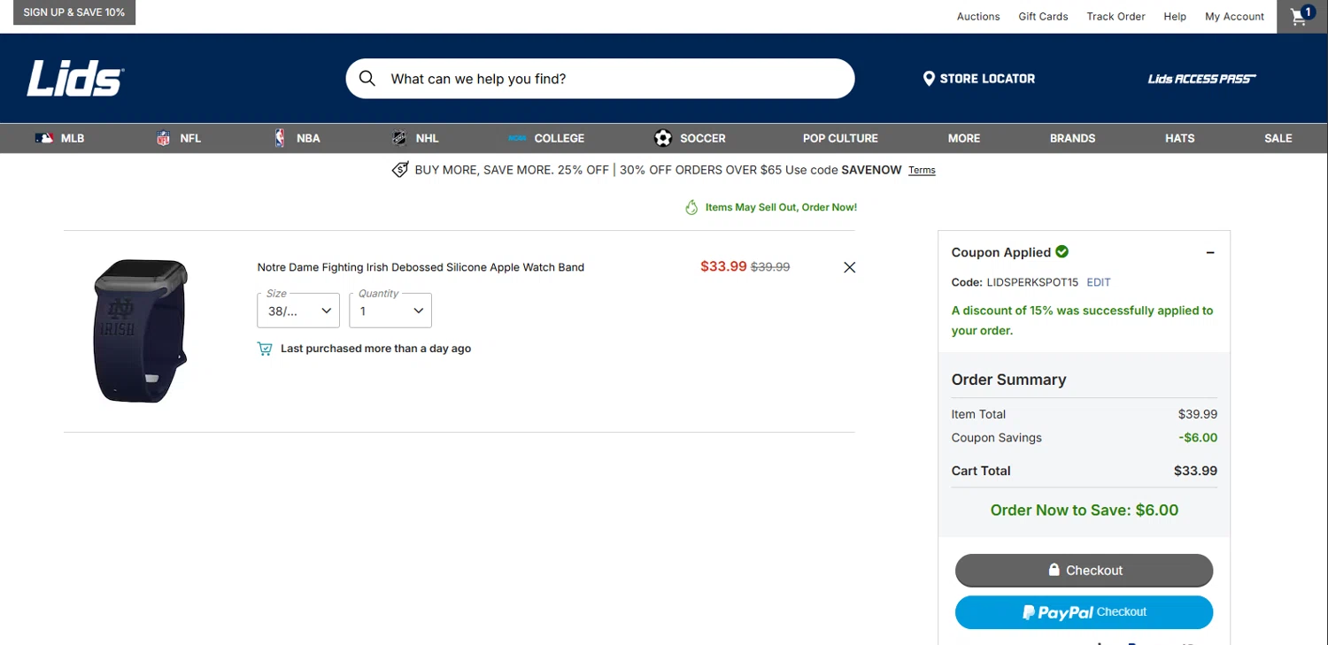 Lids coupon code screenshot showing code LIDSPERKSPOT15 applied at Lids checkout page. Uploaded by SimplyCodes community member BrillianteMaestro892 on Sep 20, 2025