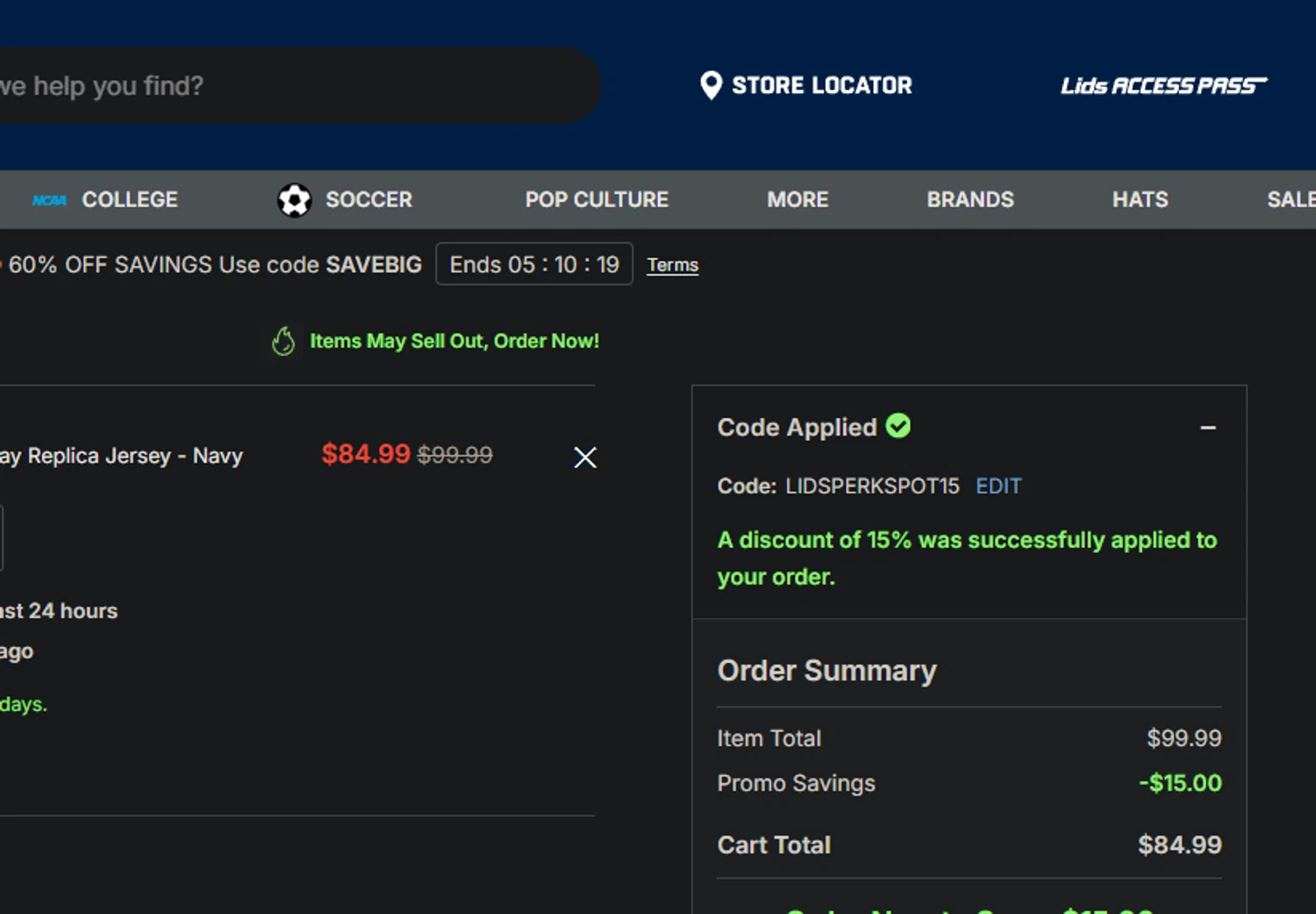 Lids coupon code screenshot showing code LIDSPERKSPOT15 applied at Lids checkout page. Uploaded by SimplyCodes community member FIREINTHEHOLE on Nov 28, 2025
