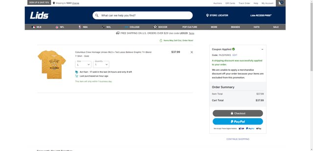 Lids checkout page showing Lids coupon code box | Screenshot taken by SimplyCodes community member on Aug 21, 2025