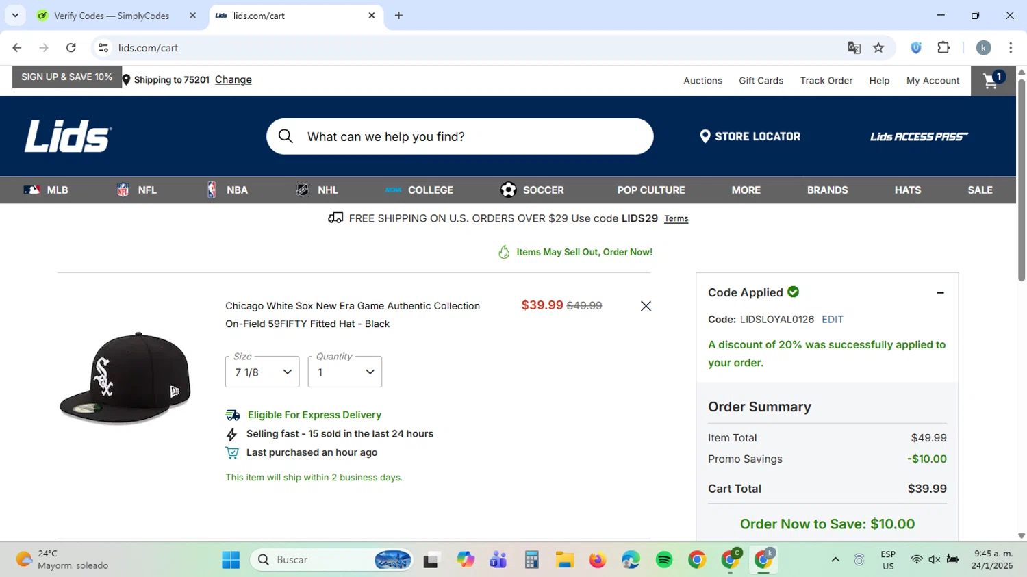 Lids coupon code screenshot showing code LIDSLOYAL0126 applied at Lids checkout page. Uploaded by SimplyCodes community member ValiantCaptain6560 on Jan 24, 2026