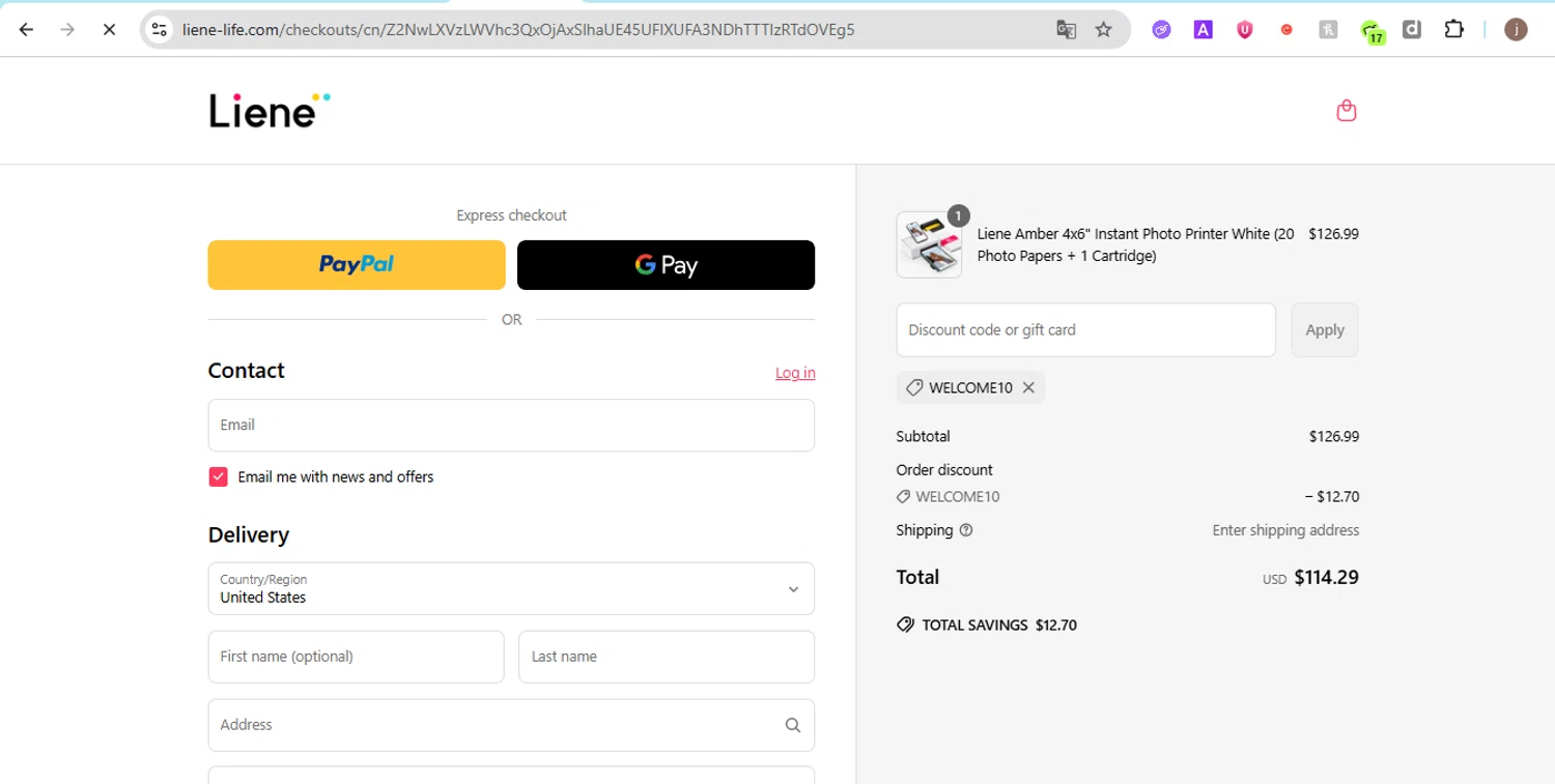 Liene discount code screenshot showing code WELCOME10 applied at Liene checkout page. Uploaded by SimplyCodes community member Jose29 on Jun 17, 2025