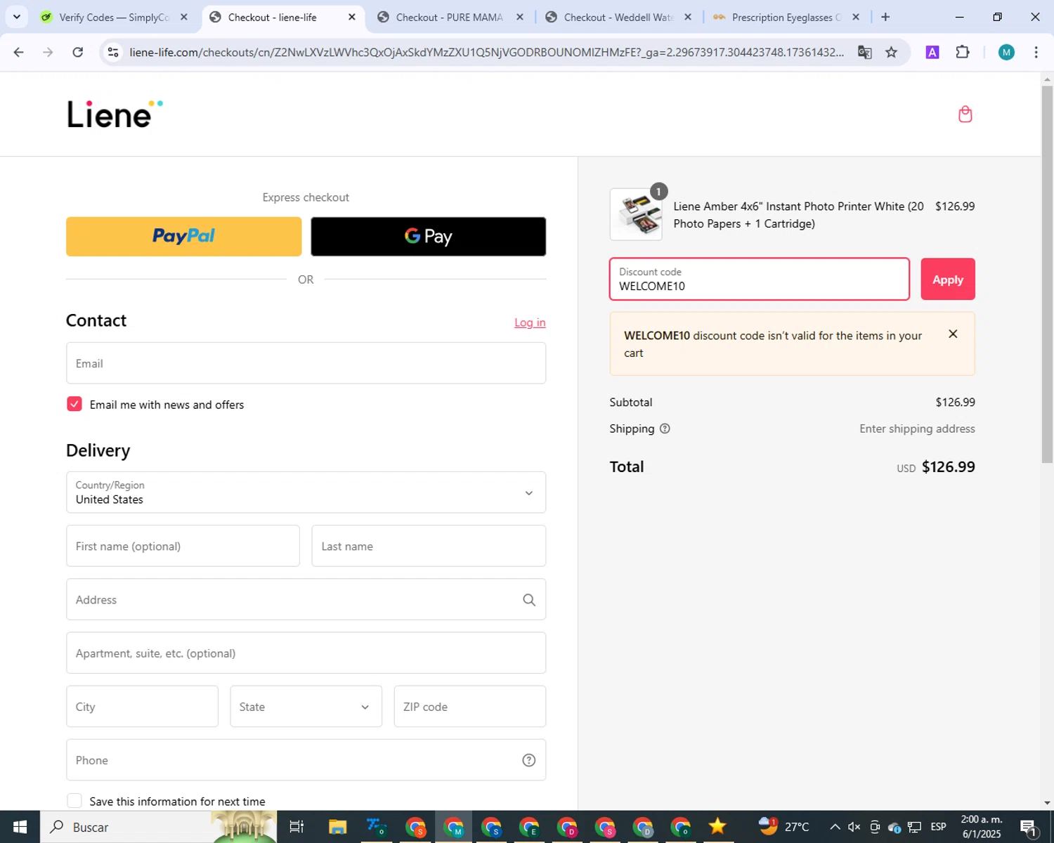 Liene discount code screenshot showing code WELCOME10 applied at Liene checkout page. Uploaded by SimplyCodes community member 000005 on Jan 6, 2025