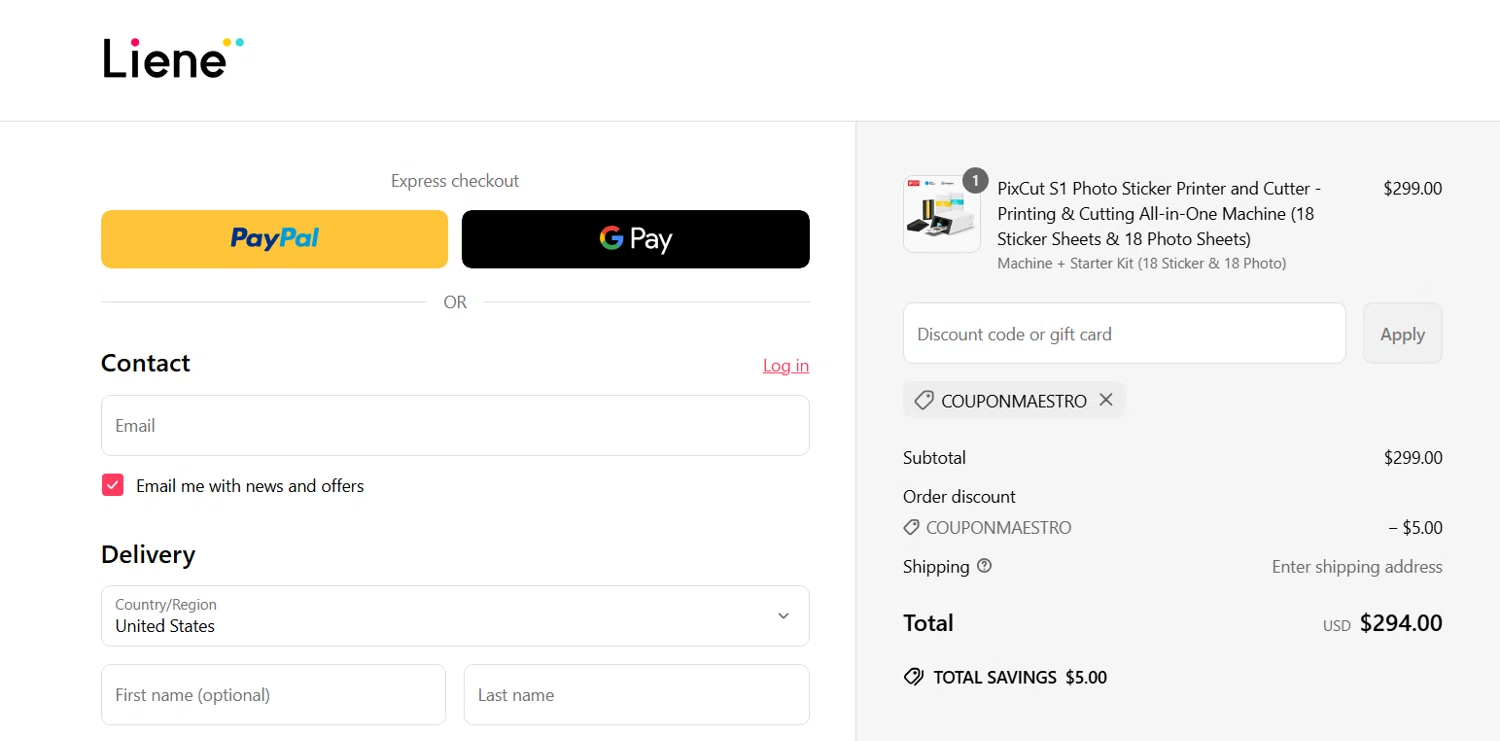 Liene discount code screenshot showing code COUPONMAESTRO applied at Liene checkout page. Uploaded by SimplyCodes community member enzoonova on Apr 24, 2025