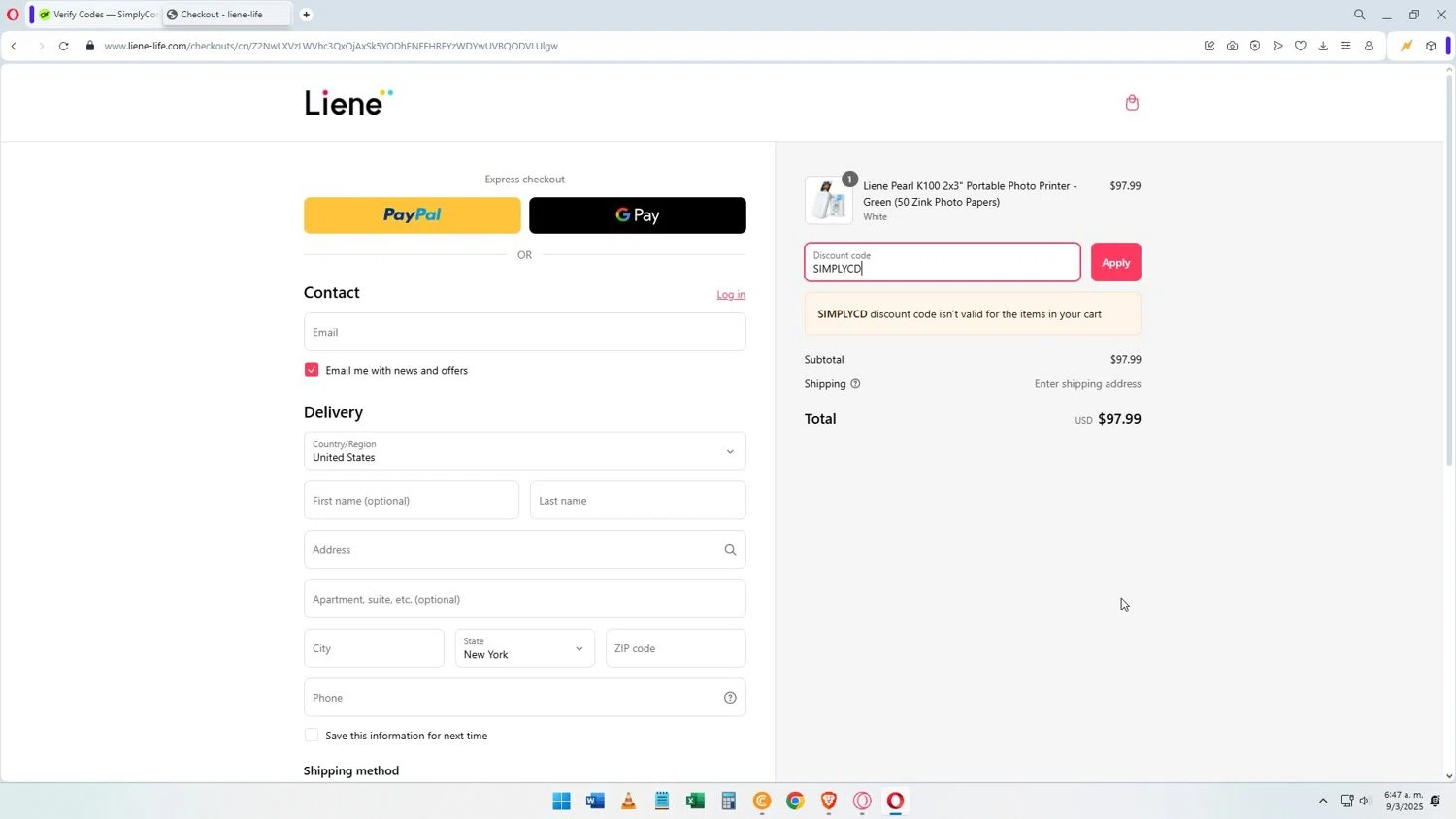 Liene discount code screenshot showing code SIMPLYCD applied at Liene checkout page. Uploaded by SimplyCodes community member Darkosukaru on Mar 9, 2025