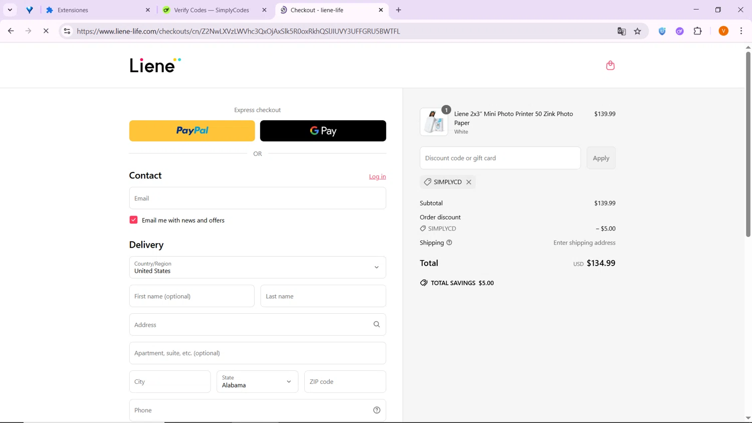 Liene discount code screenshot showing code SIMPLYCD applied at Liene checkout page. Uploaded by SimplyCodes community member VoucherShopper4674 on Jun 21, 2025